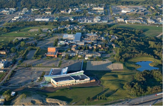 Aerial view of Red Deer Polytechnic campus, situated on Treaty 7 land.
