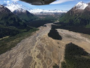 Figure 8.2.2: Red River in Lake Clark National Park, Alaska, is an example of a sediment-laden braided stream. This braided stream transports glaciofluvial sediments from the Red Glacier, an alpine glacier formed on Iliamna Volcano (highest peak to the left of the stream), to Cook Inlet.