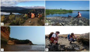 Figure I4: Examples of spectacular geological field sites. a) Students collect samples of copper-bearing rocks from an exploration property in southwestern Yukon. b) A government geologist studies 2.5 billion year old volcanic rocks in the Northwest Territories. c) Students examine ancient desert sand dunes in the cliffs along the Bay of Fundy at Five Islands Provincial Park, Nova Scotia. d) Geologists examining ash-layer deposits at Kilauea Volcano, Hawaii.