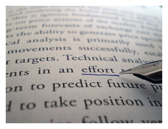 Descriptive image showing a close up of typed text on a page, with the word ‘effort’ underlined. (4.2.1)