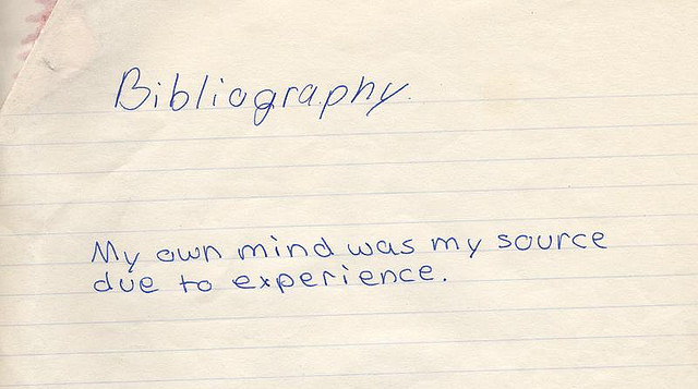 Descriptive image showing a handwritten note with the title Bibliography, and beneath: ‘My own mind was my source due to experience.’ (5.4.0)