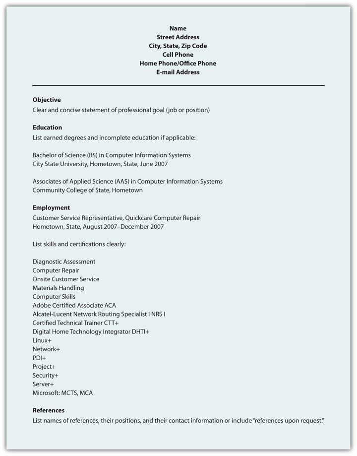 Sample Scannable Resume showing applicant’s name and contact information at the top, centre. The main headings used are all left-aligned in the following order: Objective, Education, and Employment. Apart from the headings in bold font and white space between sections, there is very little formatting. The information beneath each heading is simply left-aligned, with no subheadings or bullets.