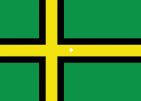 An illustration shows a green flag with a thick, black-bordered yellow lines meeting slightly to the left of the center. A small white dot sits within the yellow space in the exact center of the flag.