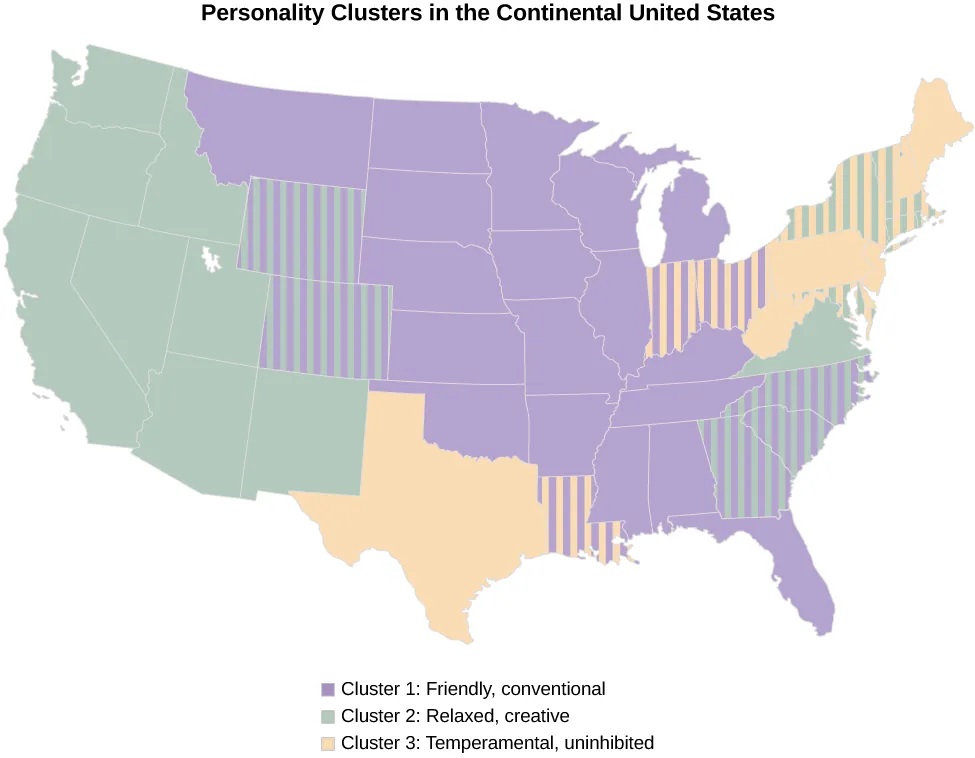A map of the United States is shown. Above it is the label “Personality Clusters in the Continental United States.” Below it is a legend which defines areas in the map as either, “Cluster 1: friendly, conventional;” “Cluster 2: relaxed, creative;” or “Cluster 3: temperamental, uninhibited.” Cluster 1 occurs mainly in the center of the country. Cluster 2 occurs mainly on the west side of the country. Cluster 3 occurs mainly in the North-East region of the country and also in Texas. These are generalizations; there are several states which are comprised of a combination of two different clusters.