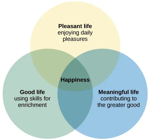A Venn diagram features three circles: one labeled “Good life: using skills for enrichment,” one labeled “Pleasant life: enjoying daily pleasures,” and another labeled: Meaningful life: contributing to the greater good.
