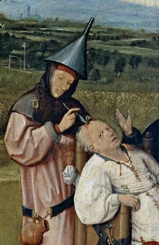 A painting depicts two figures - one is removing an object from the other person's head.