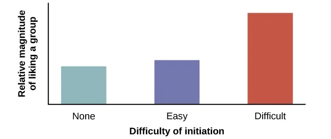 A bar graph has an x-axis labeled, “Difficulty of initiation” and a y-axis labeled, “Relative magnitude of liking a group.” The liking of the group is low to moderate for the groups whose difficulty of initiation was “none” or “easy,” but high for the group whose difficulty of initiation was “difficult.