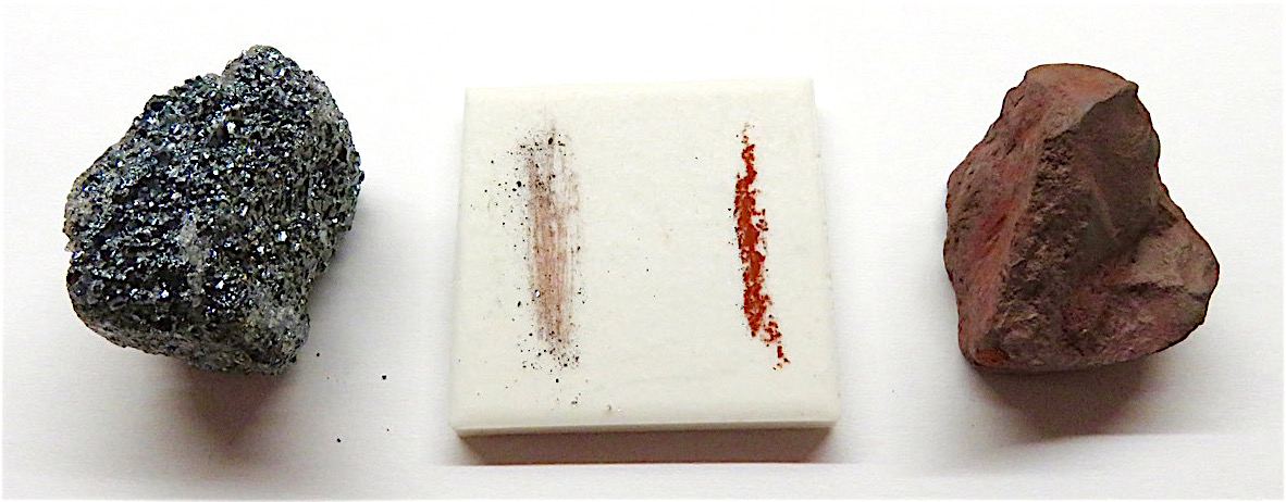 Figure 2.3.2 The streak colours of specular (metallic) hematite (left) and earthy hematite (right). Hematite leaves a distinctive reddish-brown streak whether the sample is metallic or earthy.