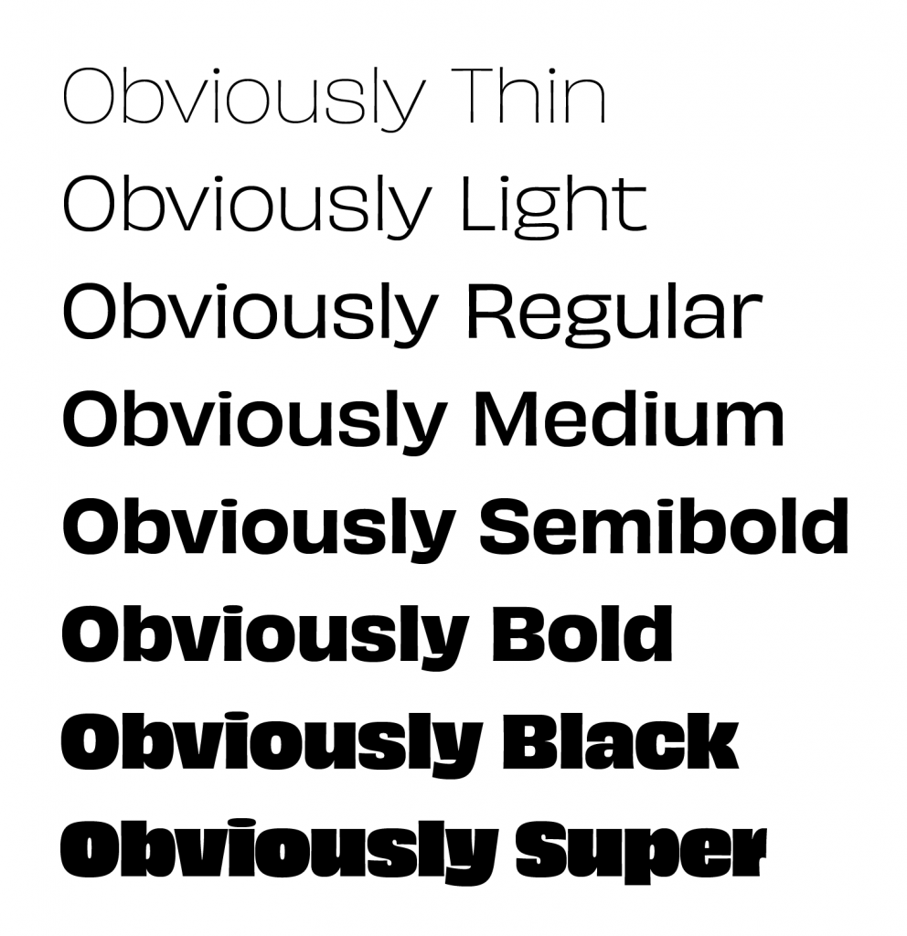 Eight examples of typeface weights: thin, light, regular, medium, semibold, bold, black, and super.