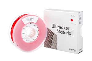 Red PLA filament used by Ultimaker 2 Extended+ and Ultimaker 3 to create 3D prints.