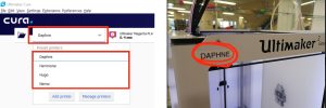 2 images. First image is a screenshot showing a computer drop down menu on the white background of the Cura software. The drop down menu has the names of the 3D printers surrounded by a red square: Daphne, Hermione, Hugo and Nemo. The printer named "daphne" is selected, also surrounded by a red square. The second image is a photograph of an Ultimaker printer. The name "Daphne" is written on the printer and is circled in red.