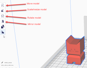 screenshot of a cat 3d model in Cura. White background with red 3d model of a cat. On the left, icons in Cura shown with red arrows and text denoting what they are: "Move model" "Scale/resize" "Rotate model" and " Mirror model"