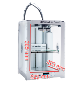 A picture of an Ultimaker Printer demonstrating that the dimensions are 305mm x 223 mm x 223 mmm
