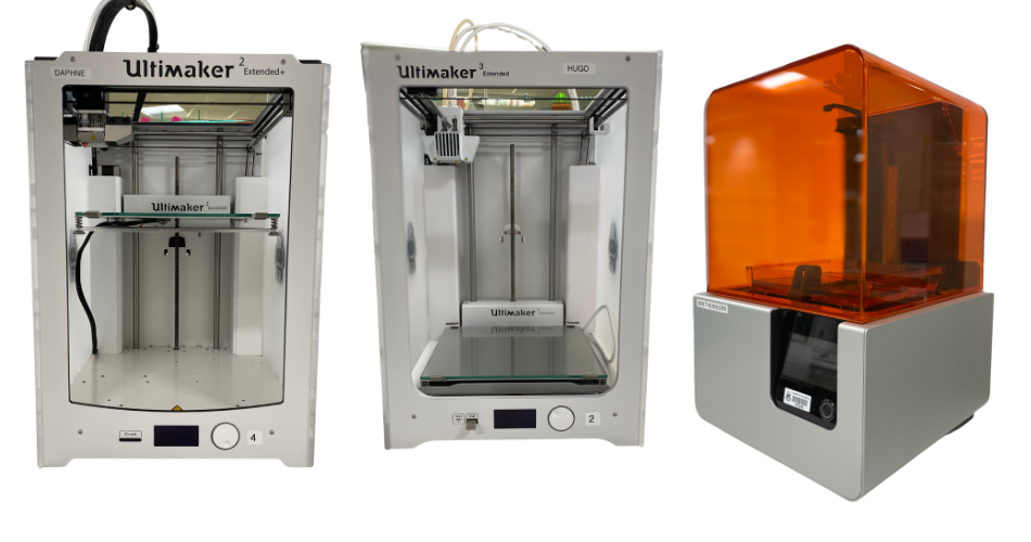 The three different types of 3D printers you will find in the makerspace: the Ultimaker 2+, the Ultimaker 3 (which has two extruders), and the Formlabs Form 2 (an SLA 3D printer).