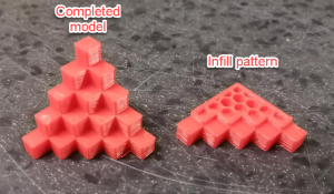 A photo of two 3D printed models. The first model is a small pyramid. The second model is the same pyramid that was interrupted before it was finished and shows the hexagonal infill pattern
