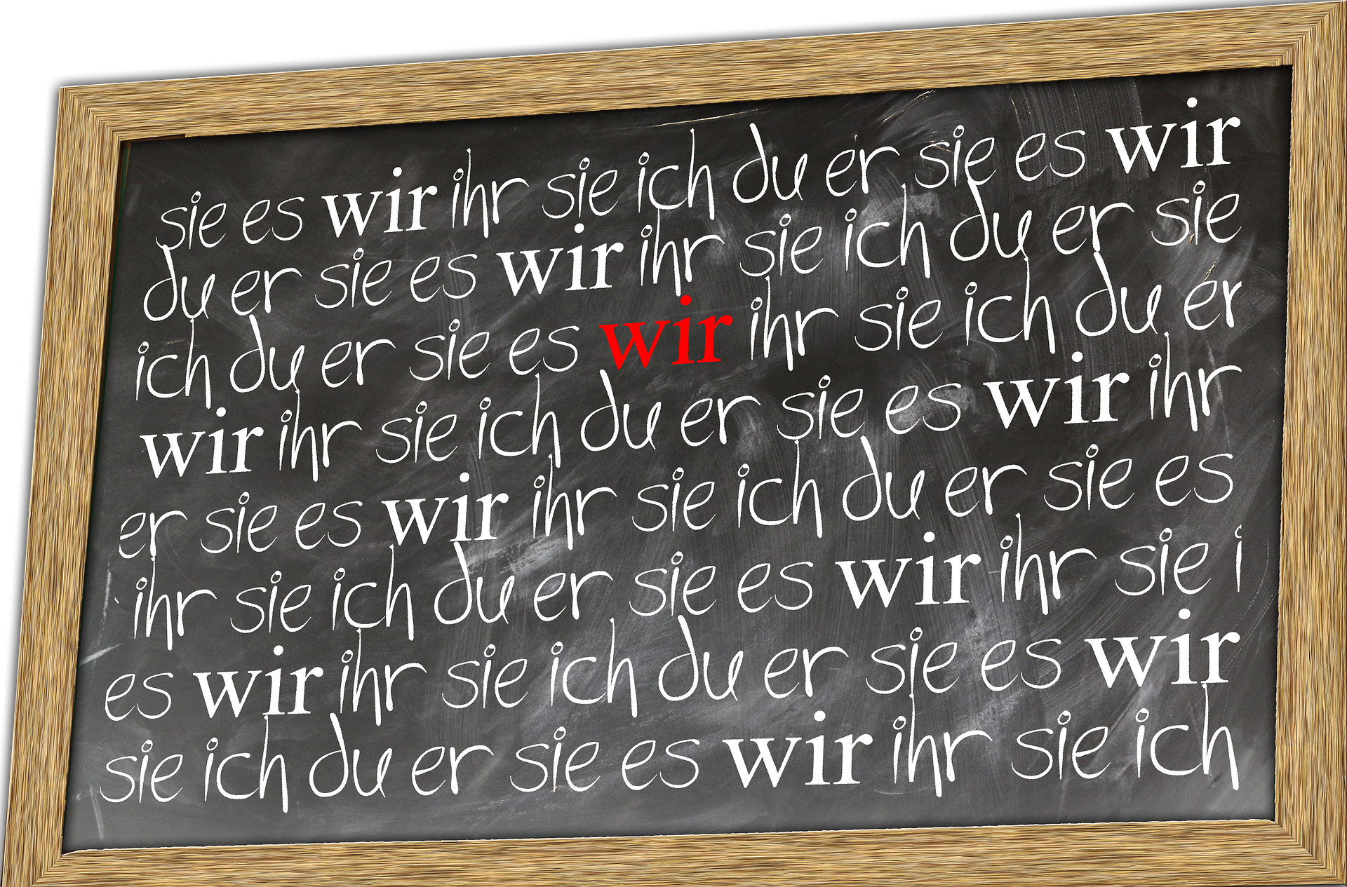 chalk board with German pronouns (ich, du, er, sie, es, wir, ihr, sie, Sie)