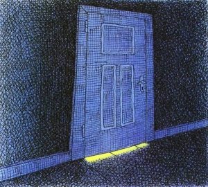 illustration: dark room with light shining under the door
