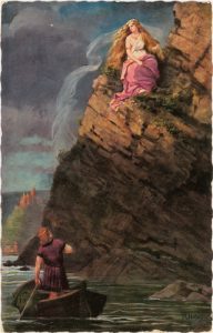 Loreley sitting on the cliff overlooking the Rhine and a man in a boot down on the river looks up at her