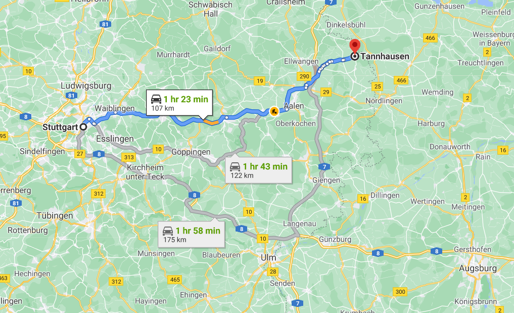 google map from Stuttgart to Tannhausen (1hr23min / 107km)