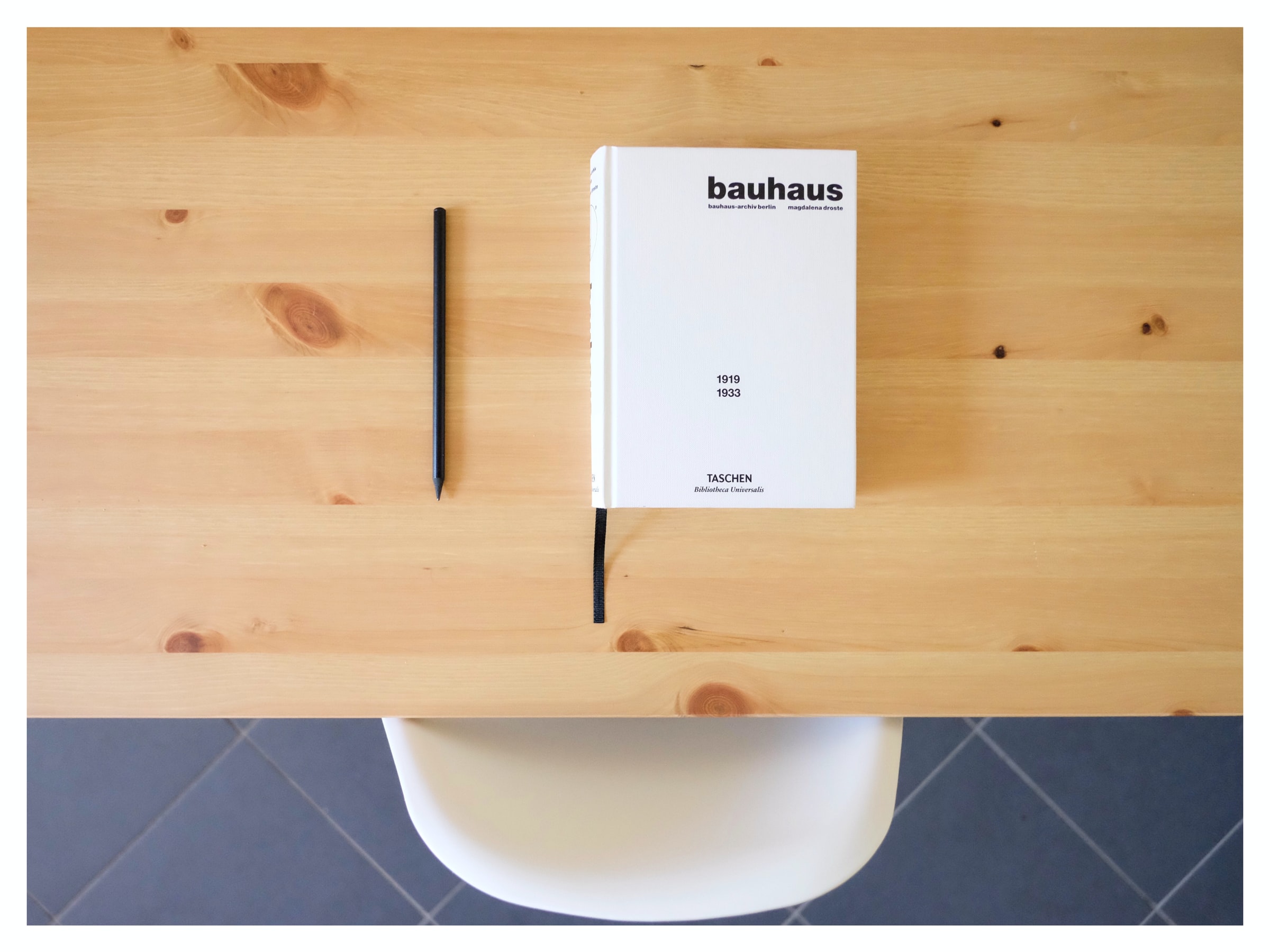 desk with a white "Bauhaus" book