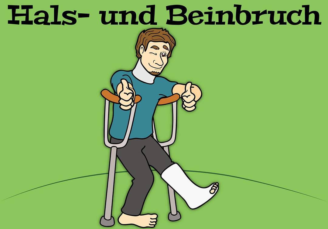 Hals- und Beinbruch (a man walking with crutches and a cast around his neck and on his foot)