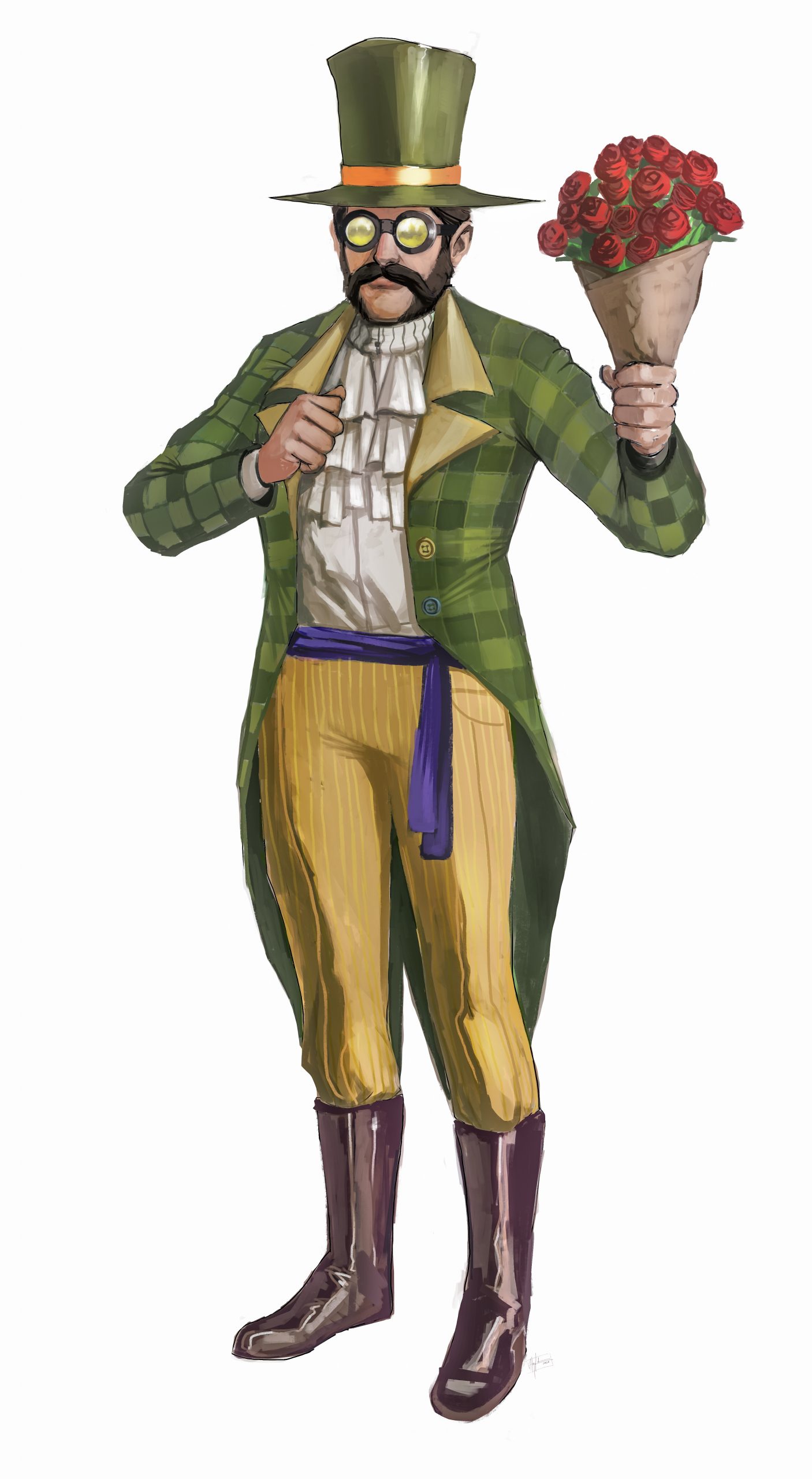 man wearing a tall green tophat, aviation googles, green checkered blazer, white shirt, purple belt, yellow striped pants, tall riding boots