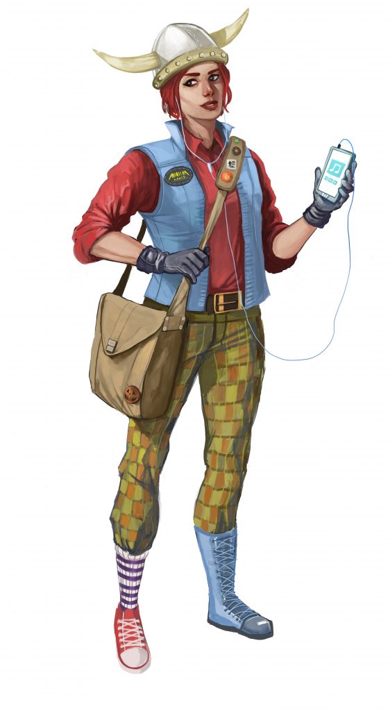a woman wearing a hat with horns, blue vest, red button up shirt, bag across her body, green and orange checkered pants, one blue boot, one red shoe and white and purple sock.